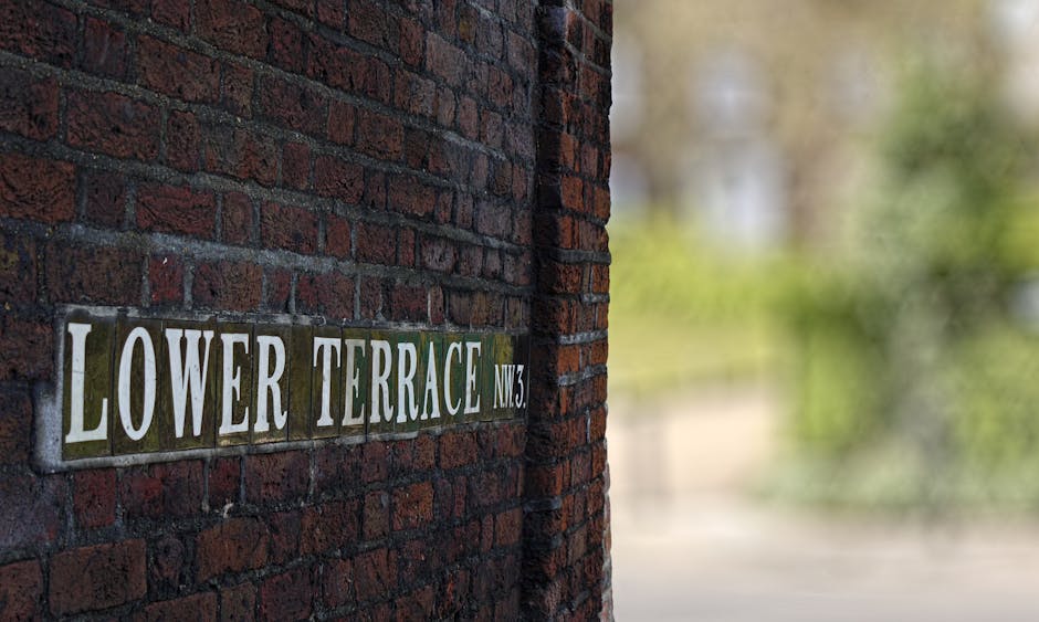 A close-up view of a brick wall on a residential property showing a metal street sign reading 'Lower Terrace NW3' mounted on the red-brick surface. The sign features white lettering with a green background for the 'NW3' designation. To the right, the image extends into a blurred background, suggesting an outdoor setting with greenery and possibly a neighbouring property or street scene in the distance. The photo captures natural daylight, casting soft shadows on the brickwork, and highlights the texture of the bricks and the reflective surface of the sign. This setting is indicative of a typical residential area where home relocation and furniture transport processes may be taking place, as evidenced by the context of house removals and the presence of such signage on properties involved in moving logistics, as managed by Removal Van Belsize Park.