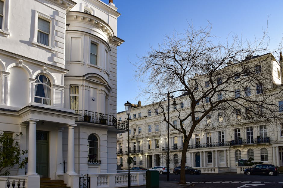 A row of elegant white Georgian-style terraced houses on Belsize Park Gardens, with large windows, decorative cornices, and black wrought-iron balconies, situated along a tree-lined street. The street